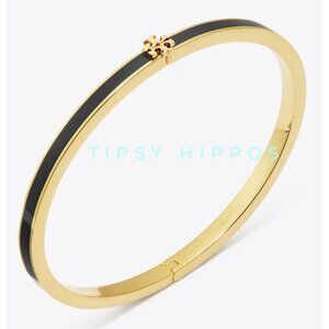 Tory Burch Black and Gold Enamel Logo Hinged Bracelet